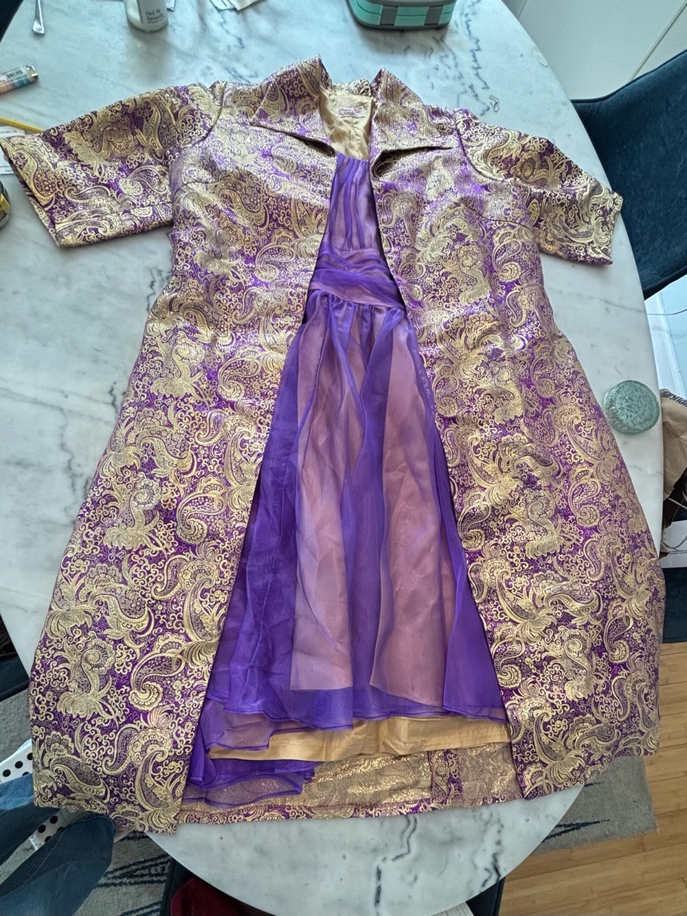 Vintage Custom Phuong's Tailor Purple Gold Brocade Dress Coat Set